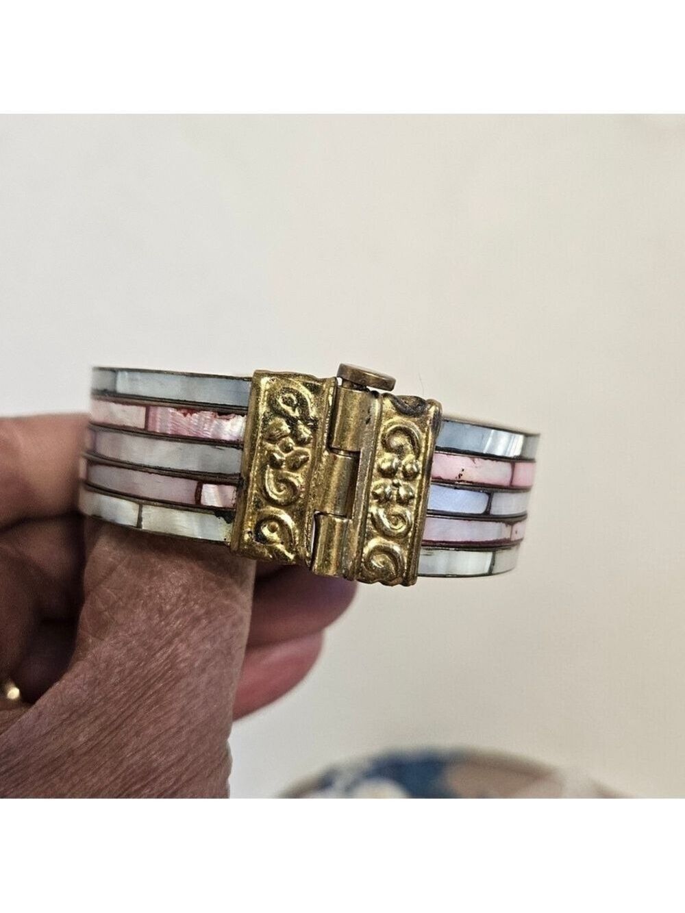 Vintage Inlaid Mother of Pearl and Brass Hinged Bracelet